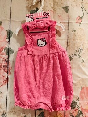 Hello Kitty Baby Girl Clothes 2 Pc Set Romper Overall & Bow Pink 9 Months NWT